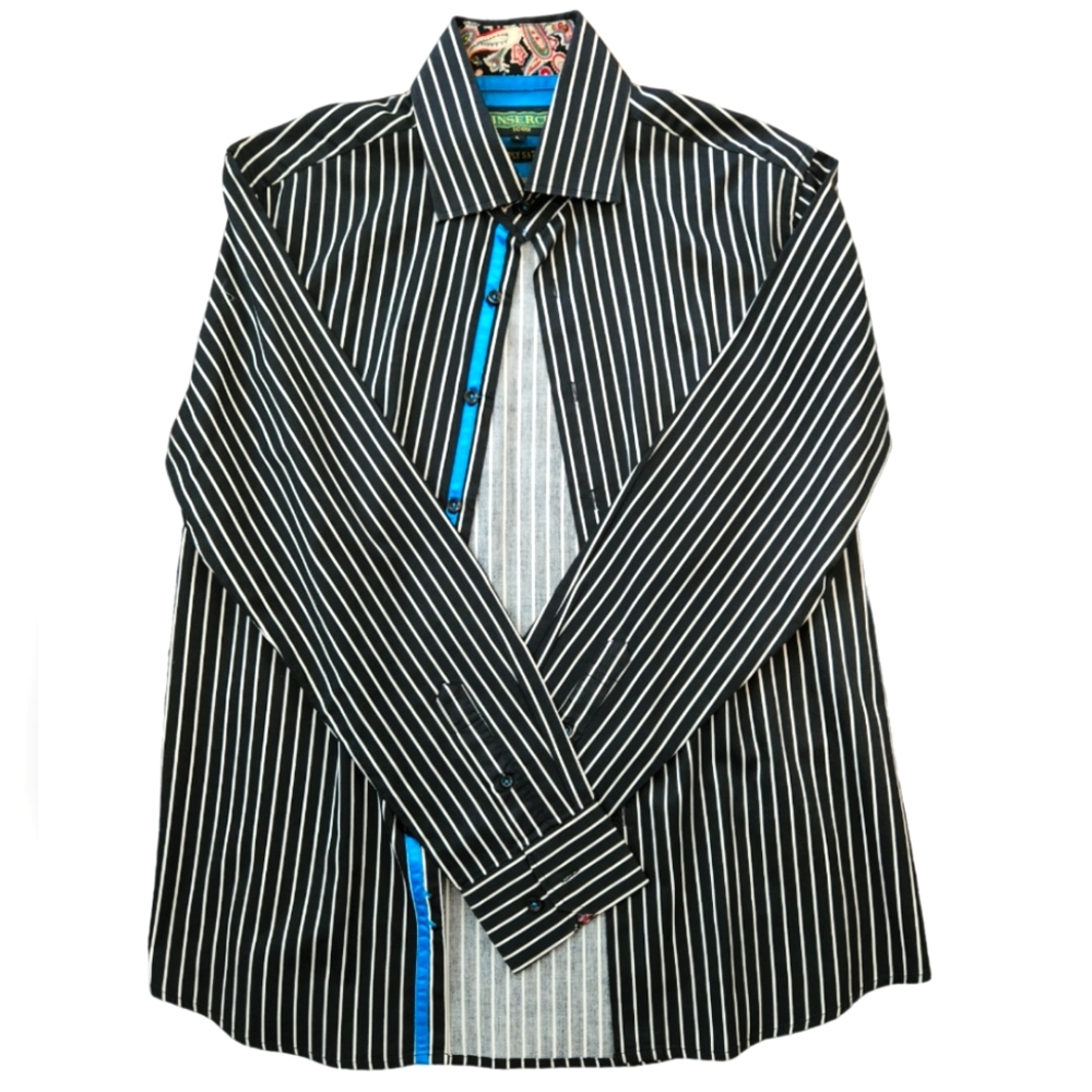 Inserch icon Black Button Up 2 ply Satin Shirt with Paisley Collar